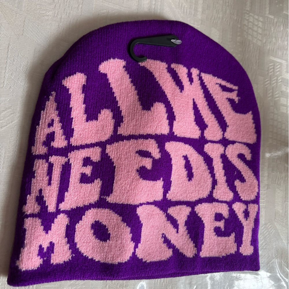 All we need is money, purple/pink beanie hat, BNWT